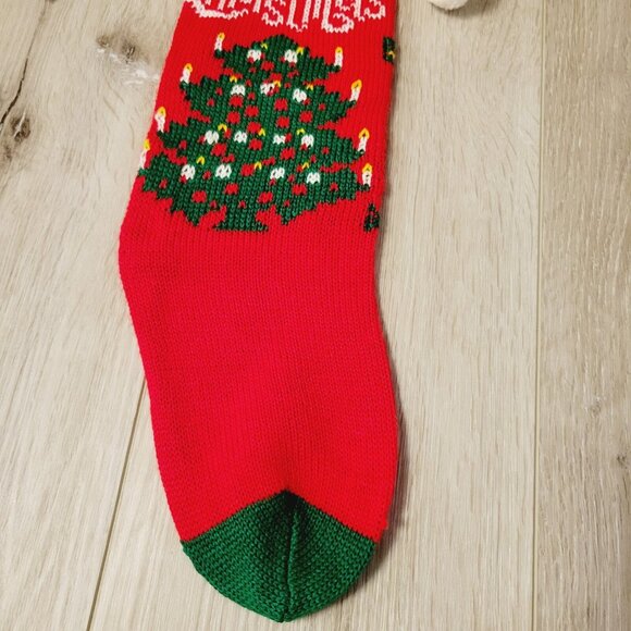 Vintage Knit Christmas Holiday Stocking With Merry Christmas & Tree Design - Picture 3 of 6